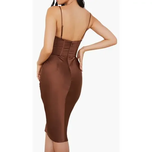 princess polly baby blue dress Rotate Birger Christensen Satin Corset Maxi Dress - Coffee Chicory